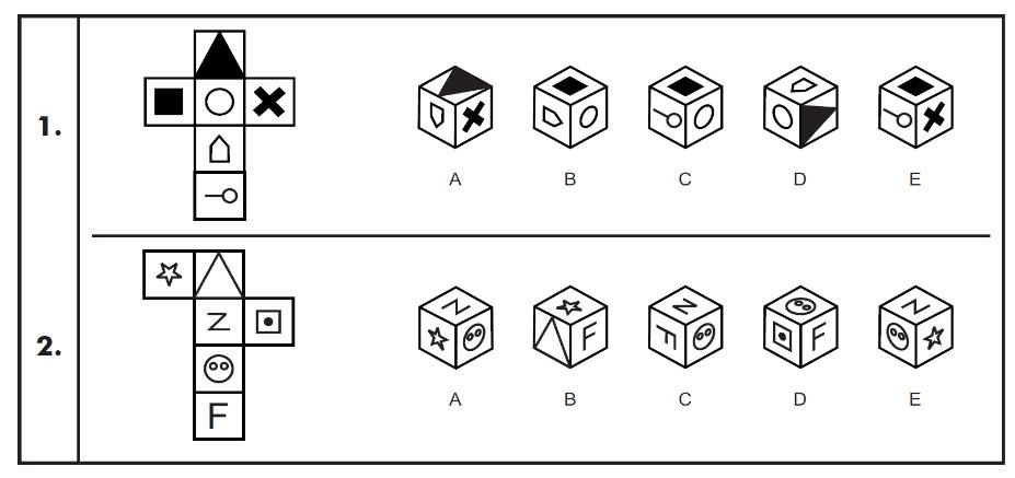 Non-verbal reasoning cube net practice questions on a worksheet