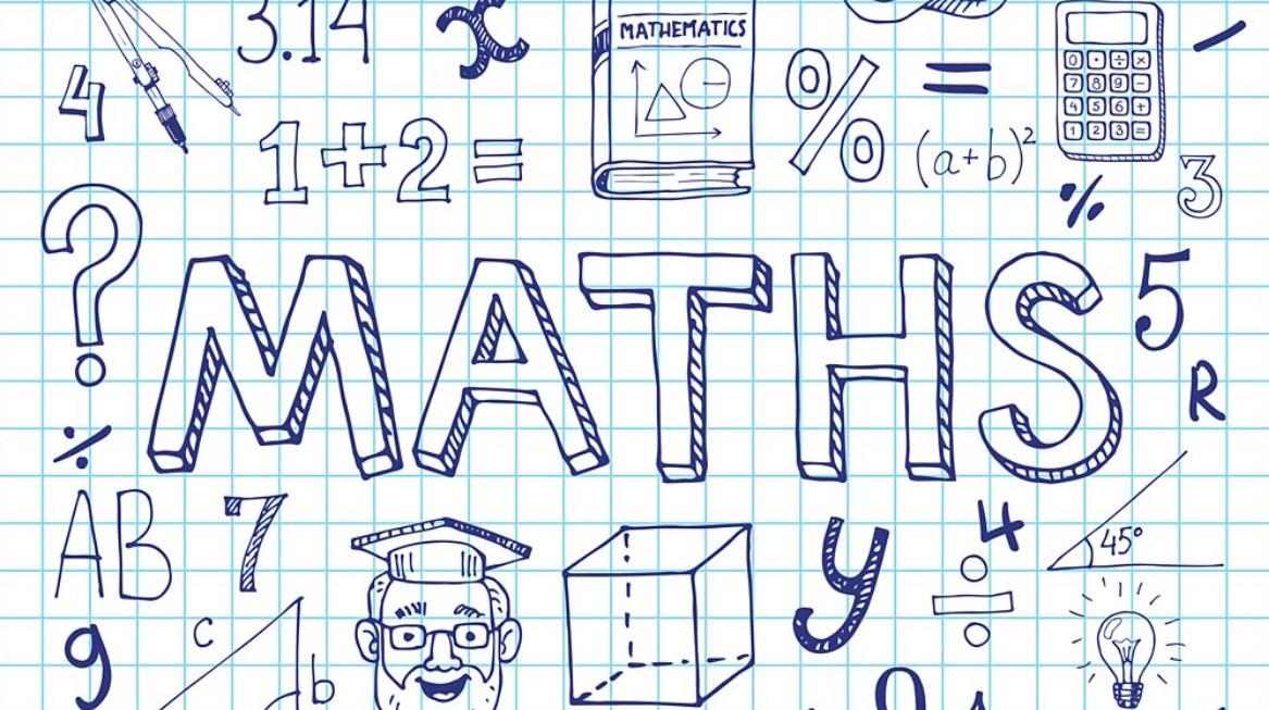 Hand-drawn maths doodles including numbers, shapes and formulae