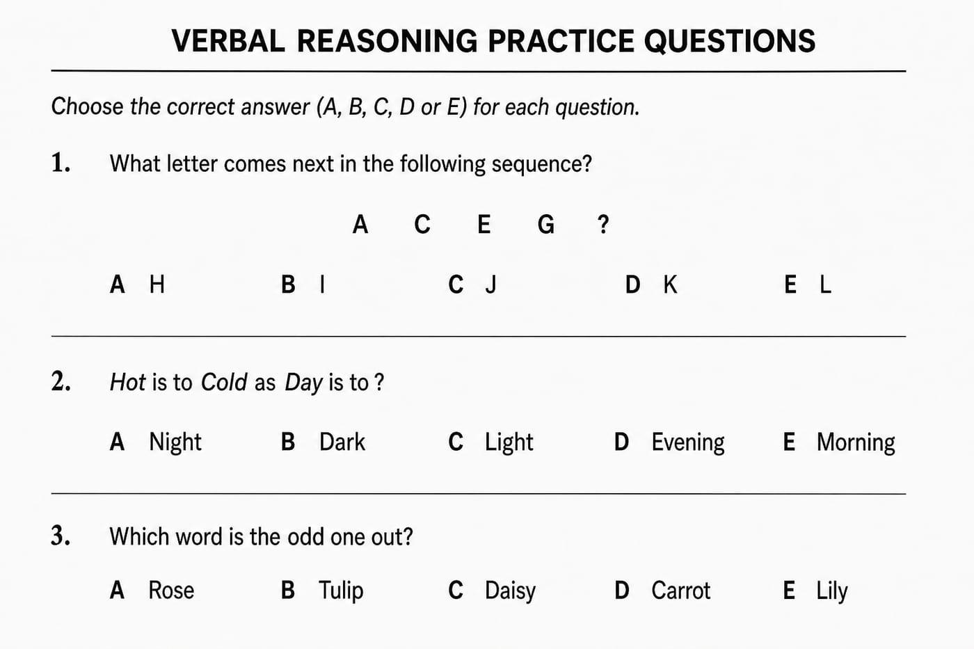 Verbal reasoning worksheet with letter sequences and word analogies